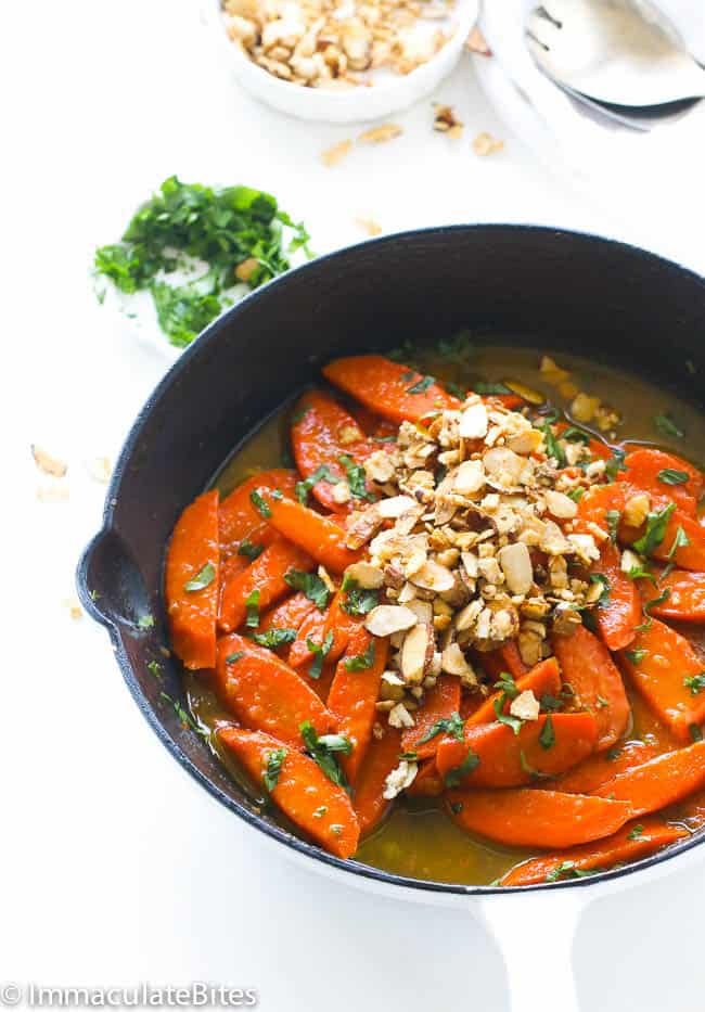 A Pan of Pineapple Ginger-Glazed Carrots Topped with Almonds