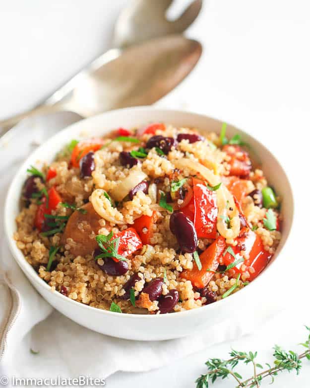 Caribbean Quinoa and Beans with tomatoes and black olives