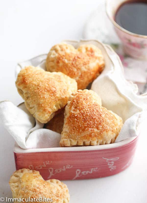 The complete pastry served in a red dish. 