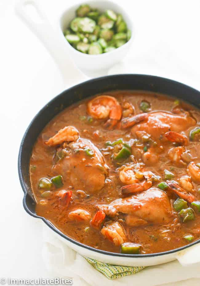 Okra Gumbo with Chicken and Shrimp in a Pan