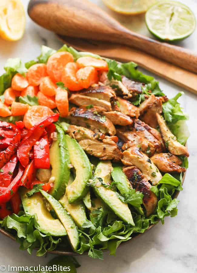 Chicken Citrus Avocado Salad on a bed of lettuce