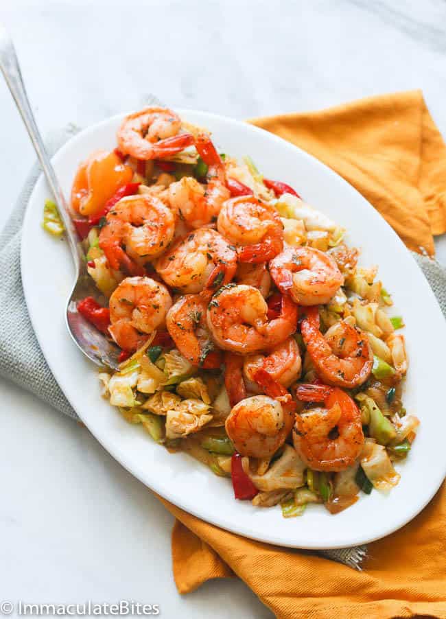 A platter of Jamaican Cabbage and Shrimp