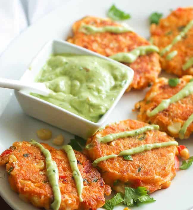 Corn fritters with avocado dip