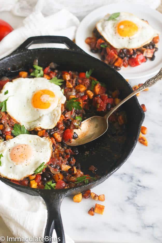 Sweet Plantain Hash & Eggs in a skillet