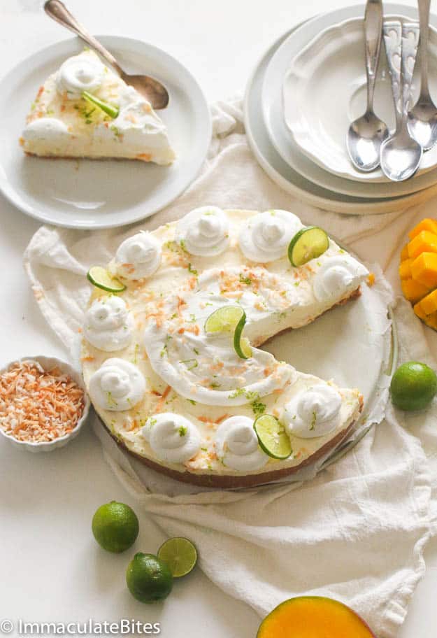 No Bake Key Lime Mango Coconut Pie sliced and ready to serve