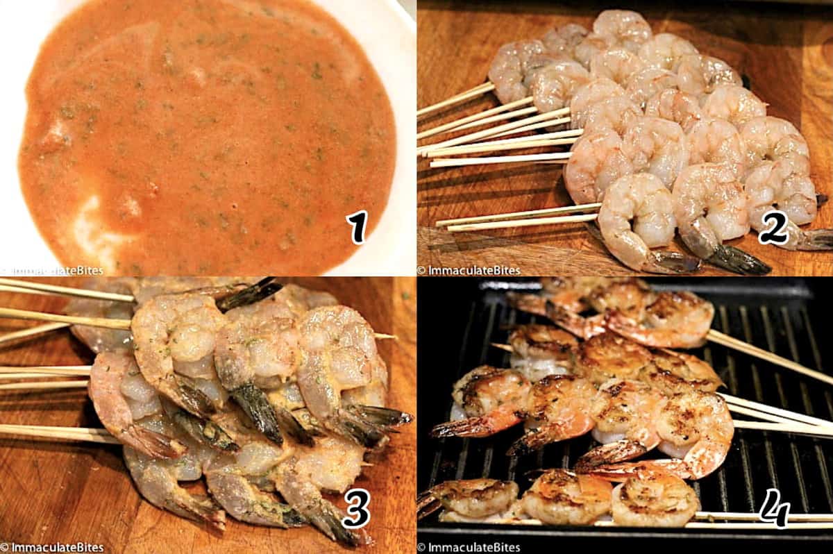Make the marinade, thread the skewers, marinate the shrimp, and grill