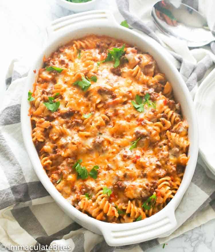 Ground beef casserole garnished with parsley