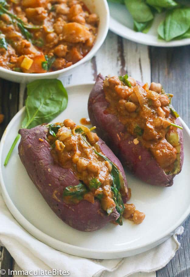 Delectable sweet potatoes stuffed with curried chickpeas