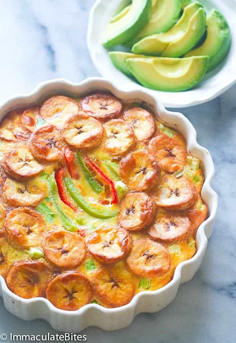Freshly baked frittata made with plantains instead of potatoes.
