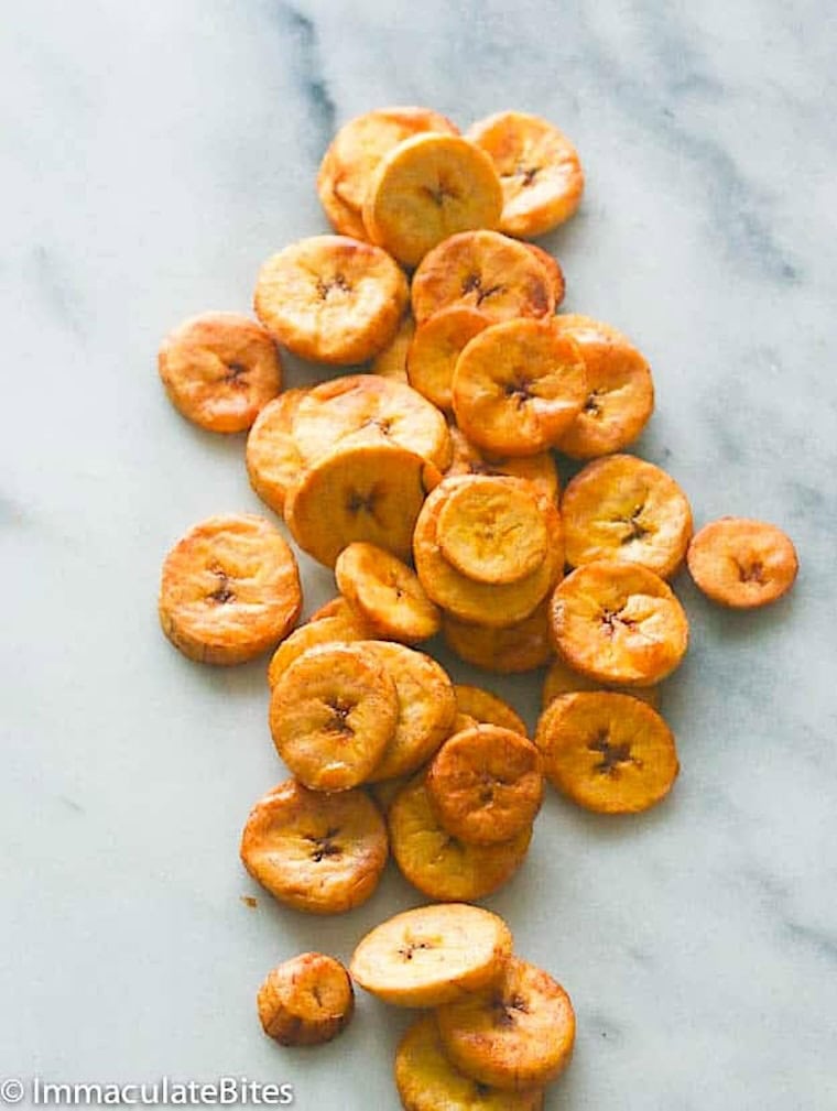 Baked plantain slices ready to make a frittata.