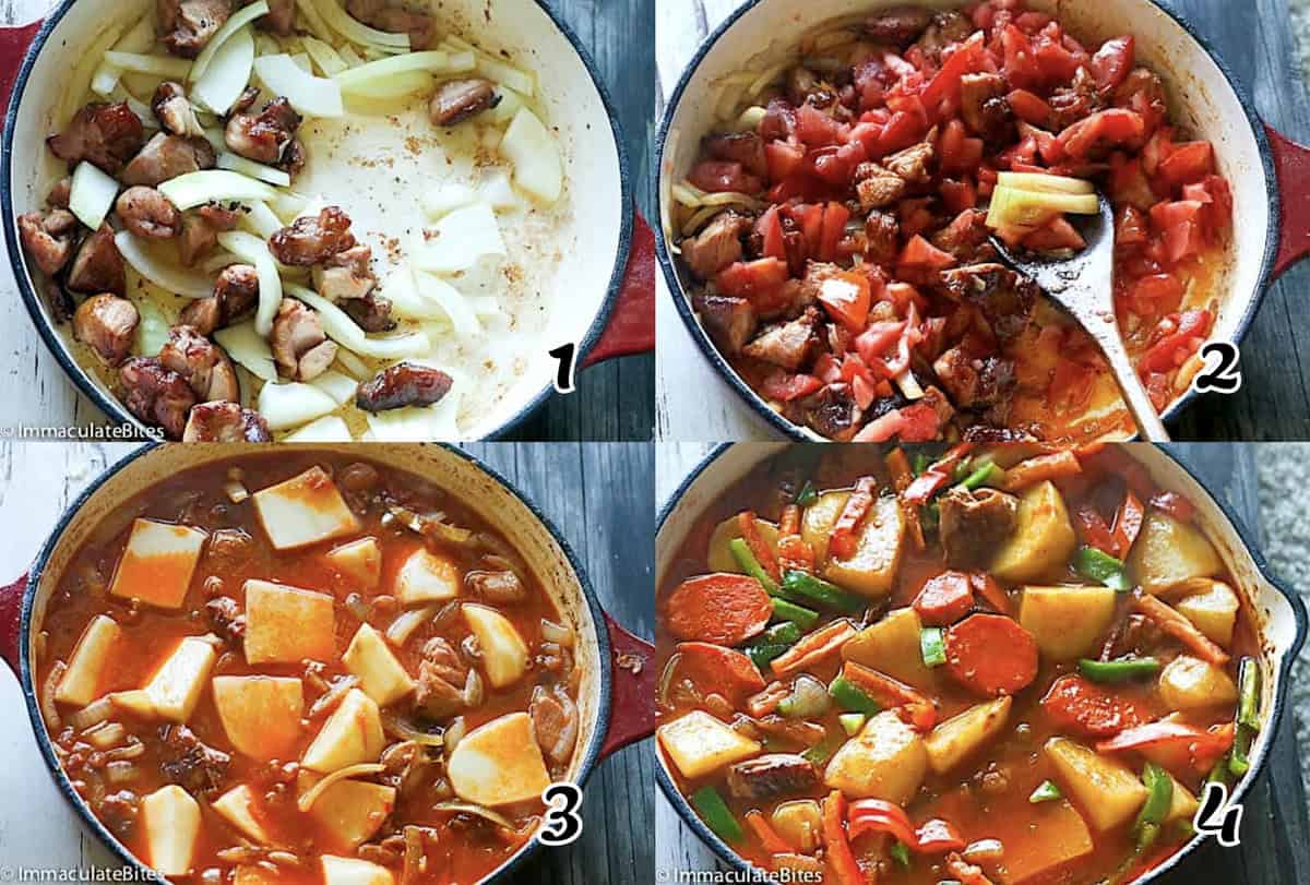 Saute the smoked turkey and onions, add the seasonings, veggies, and liquids. Simmer until tender