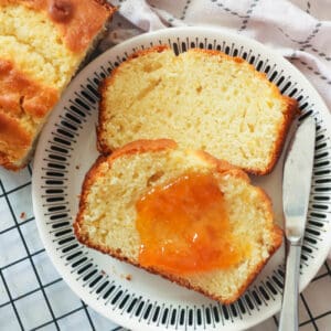 Sliced French yogurt cake with marmalade