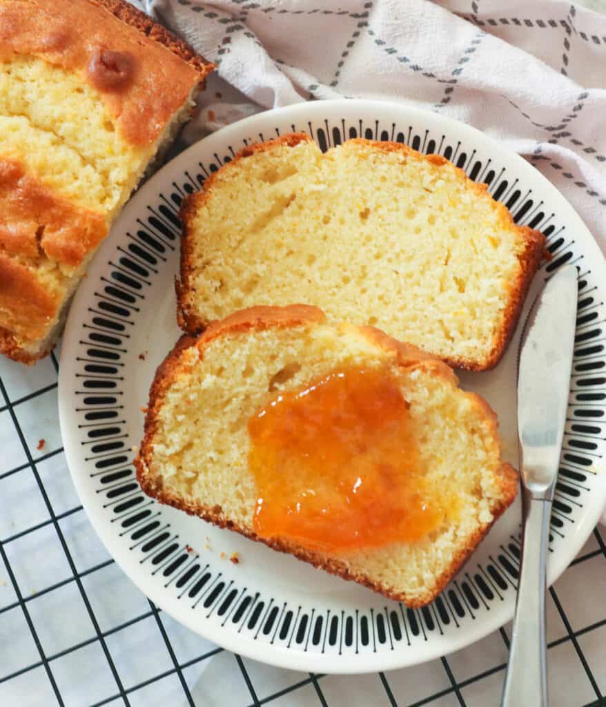 Sliced French yogurt cake with marmalade