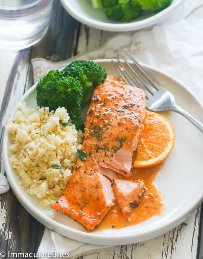 A plate with Orange Honey Glazed Salmon served with rice