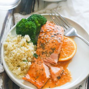 A plate of Orange Honey Glazed Salmon served with rice