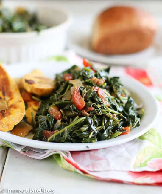 A Plate of Callaloo Jamaican Style Served with Fried Plantains