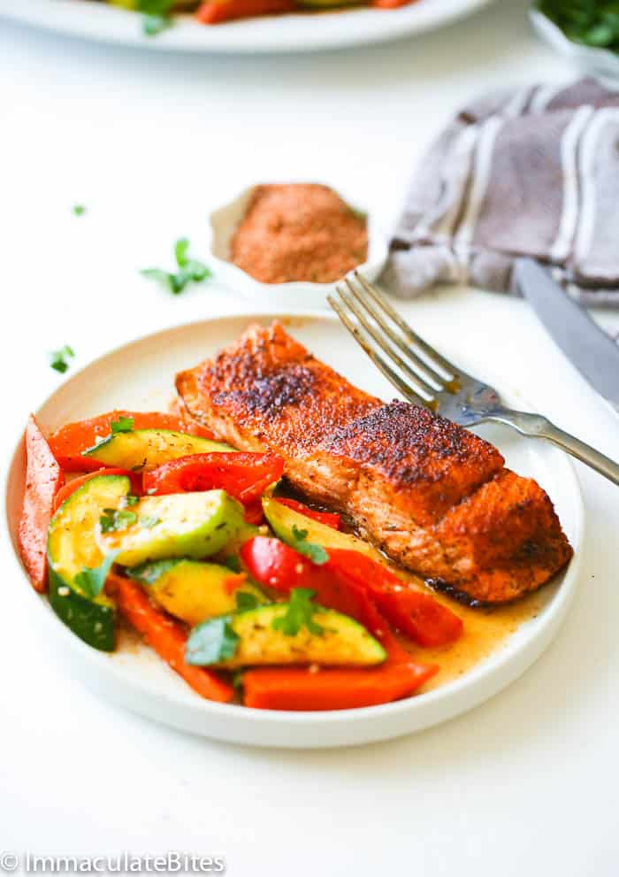 A Serving of Blackened Salmon and Veggies