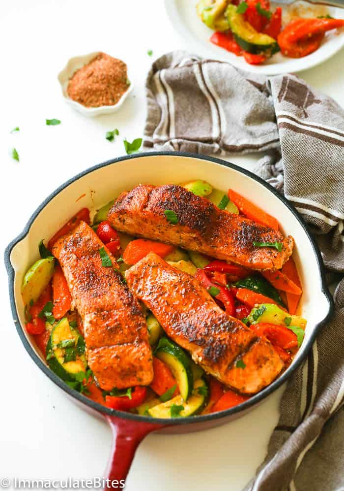 Blackened Salmon and Vegetables in a Pan