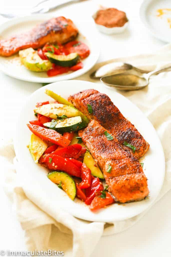 A Platter of Blackened Salmon with Vegetables