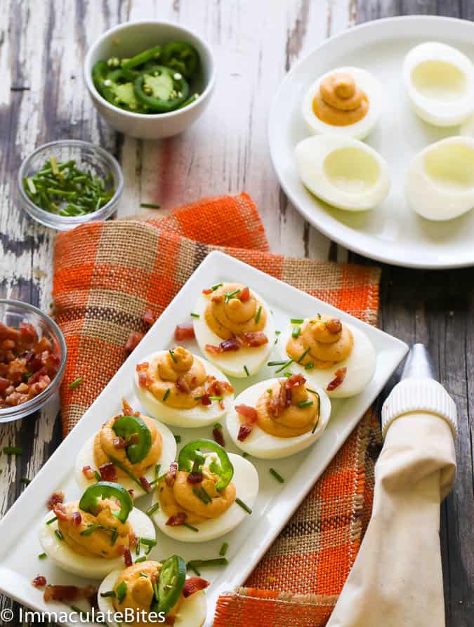 Deviled Eggs with bacon and jalapeños