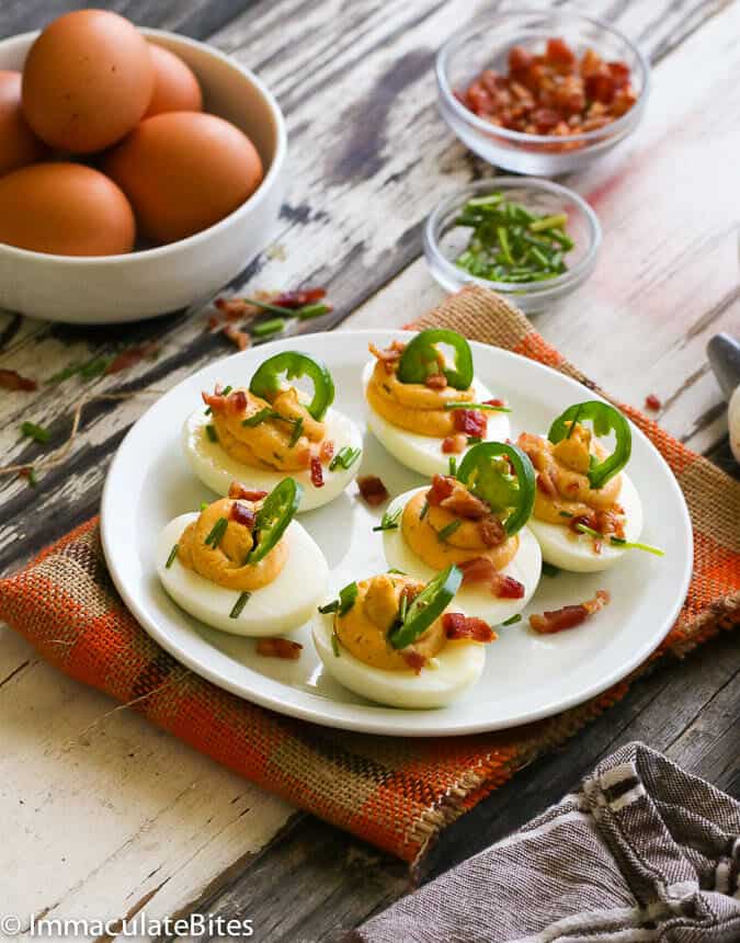 Deviled Eggs with bacon and jalapeños