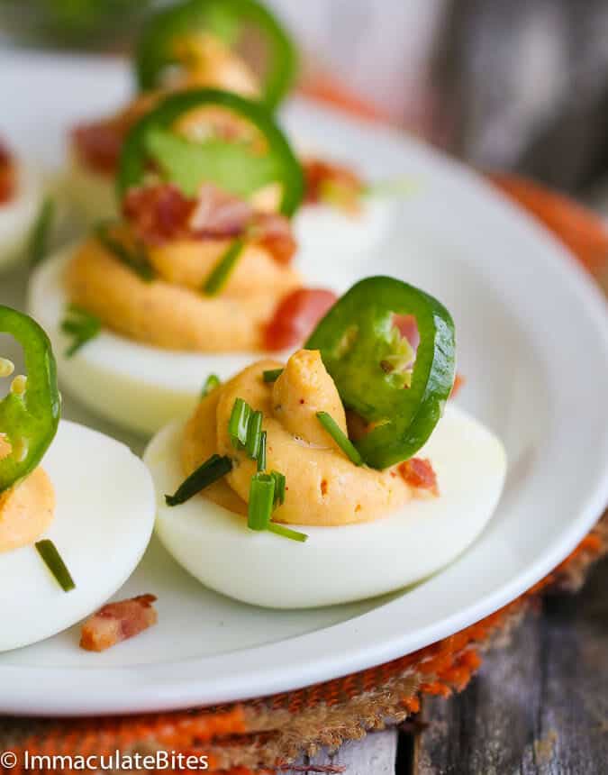 Deviled Eggs with bacon and jalapeños