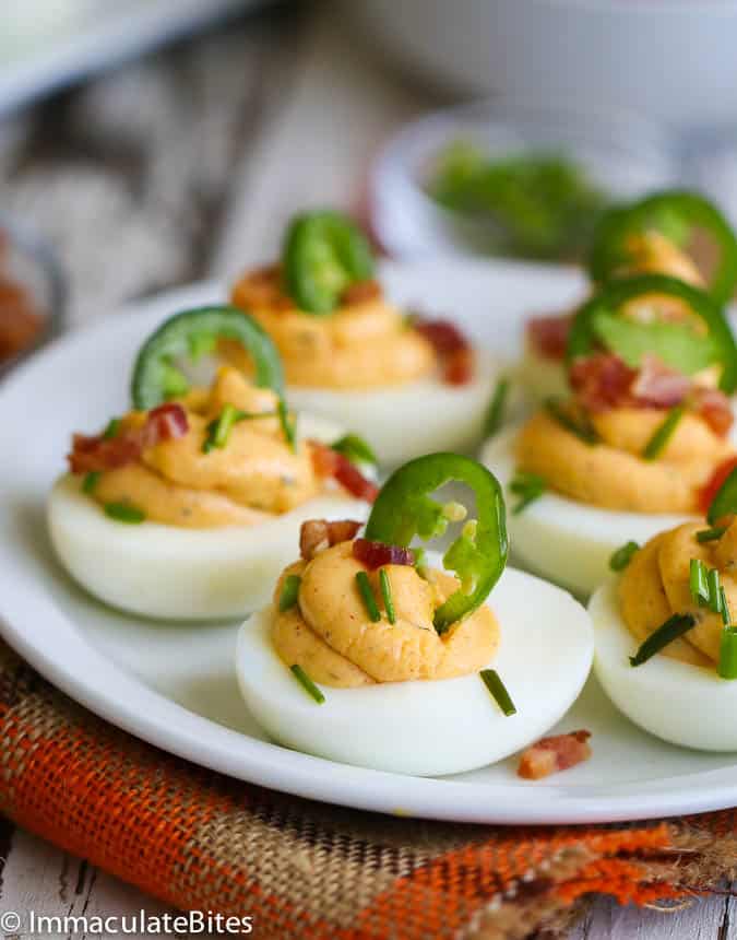 Deviled Eggs with bacon and jalapeños