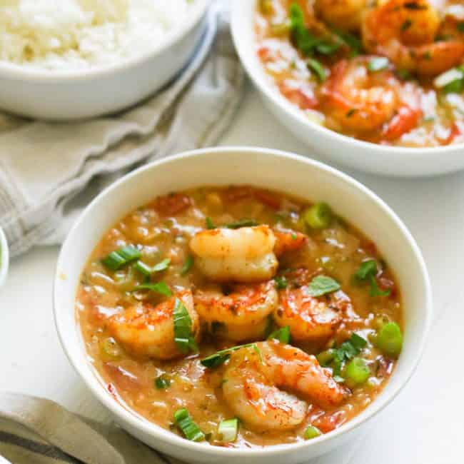 Shrimp Étouffée in a bowl with white rice