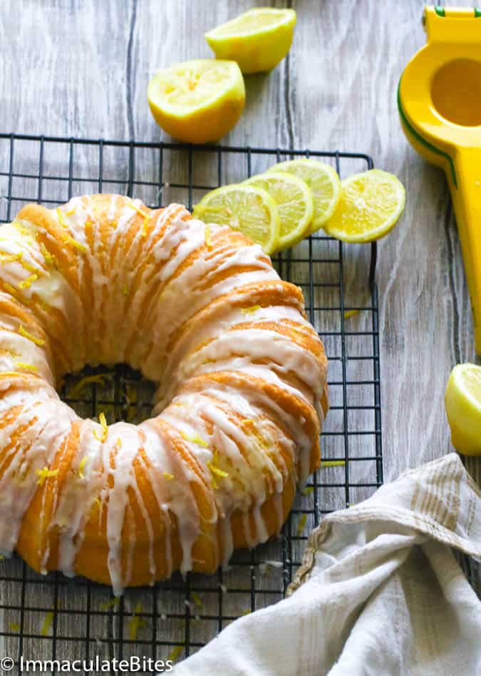 Lemon Sour Cream Pound Cake cooled and ready to slice