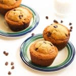 Banana chocolate chip muffins served up on two plates ready to make someone happy