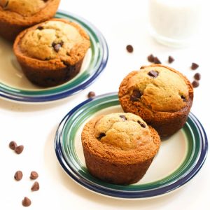 Chocolate chip muffins on two green and beige plates