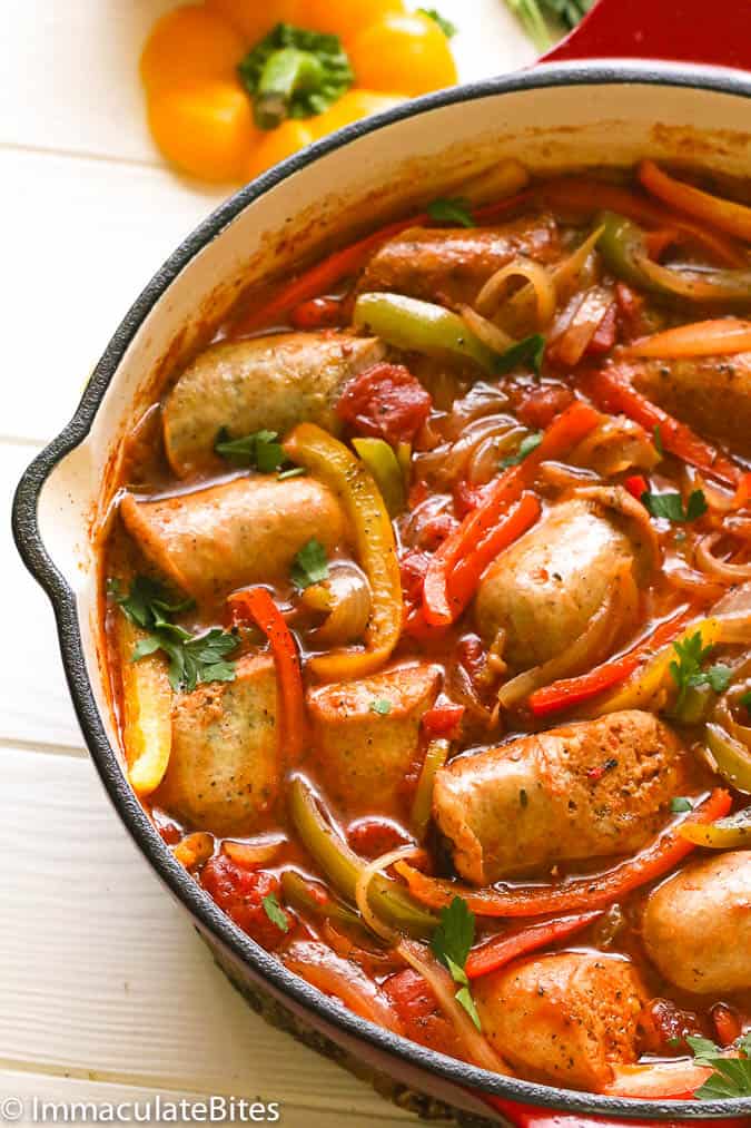 Sausage and peppers in a skillet