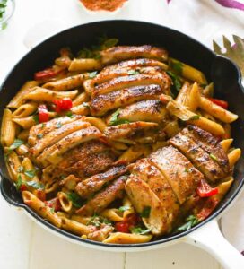 Spicy, Cajun-flavored chicken pasta ready to enjoy