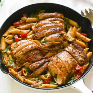 Spicy, Cajun-flavored chicken pasta ready to enjoy