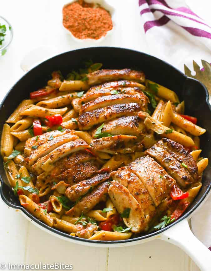 Creamy chicken pasta recipe - Cajun Chicken pasta in a skillet