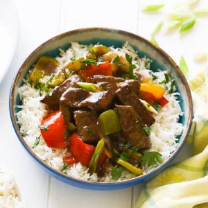 Tasty, savory pepper steak over rice for a quick and easy weeknight dinner