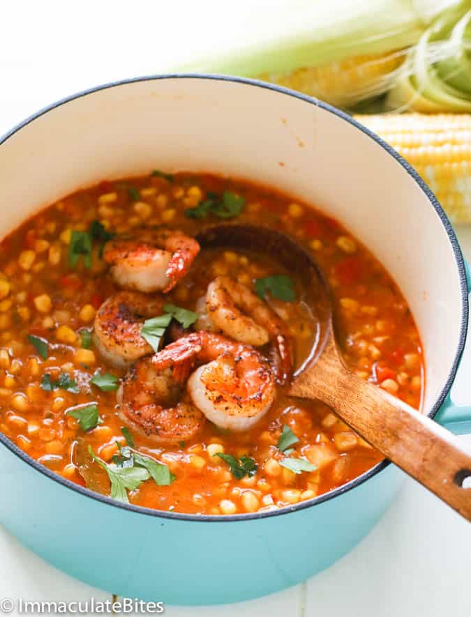 Cajun Corn Shrimp Soup in a pot