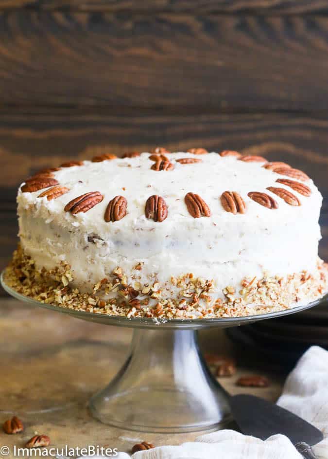 Hummingbird Cake on a fancy cake stand