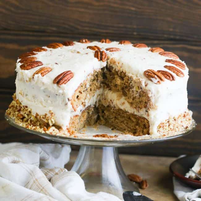 Hummingbird cake on a fancy cake stand