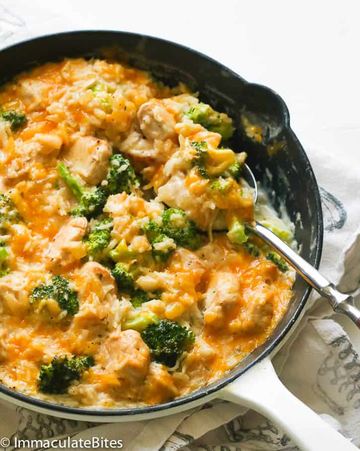 Chicken rice broccoli casserole pot and ladle