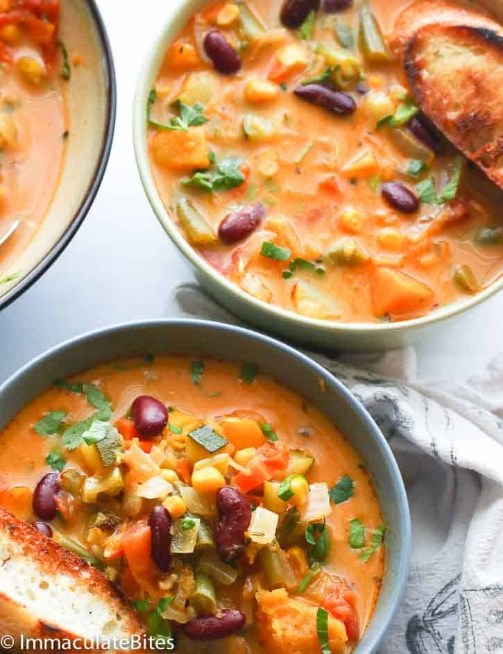 Two bowls of hearty vegetable soup