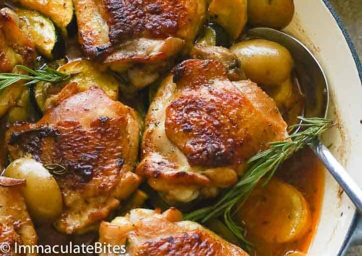 Lemon rosemary chicken thighs with steaming rice
