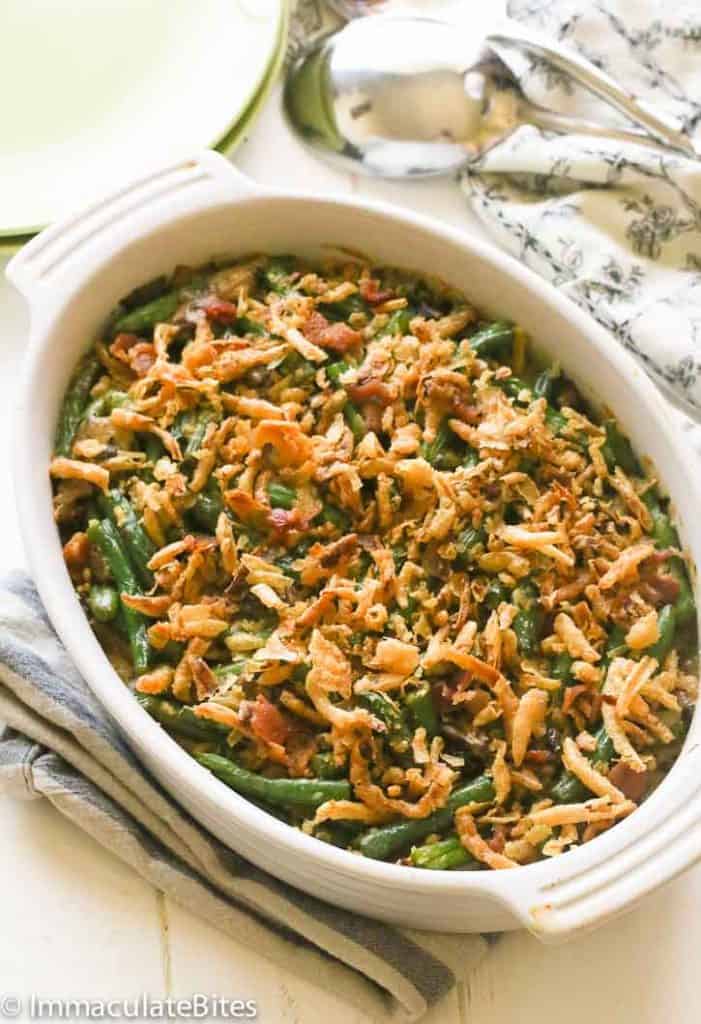 A holiday casserole made from scratch with mushrooms and green beans.