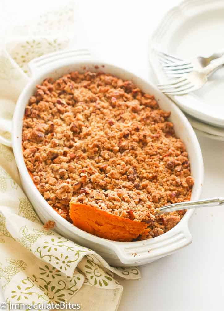 Sweet Potato Casserole with a Plate and Forks in the Background