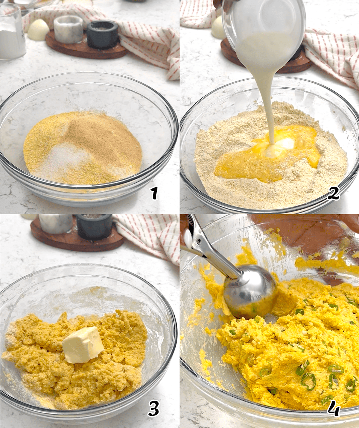 Mix the dry ingredients, add the beaten egg and buttermilk, mix well, then add the softened butter. When thoroughly combined, scoop bits of batter with an ice cream scoop.