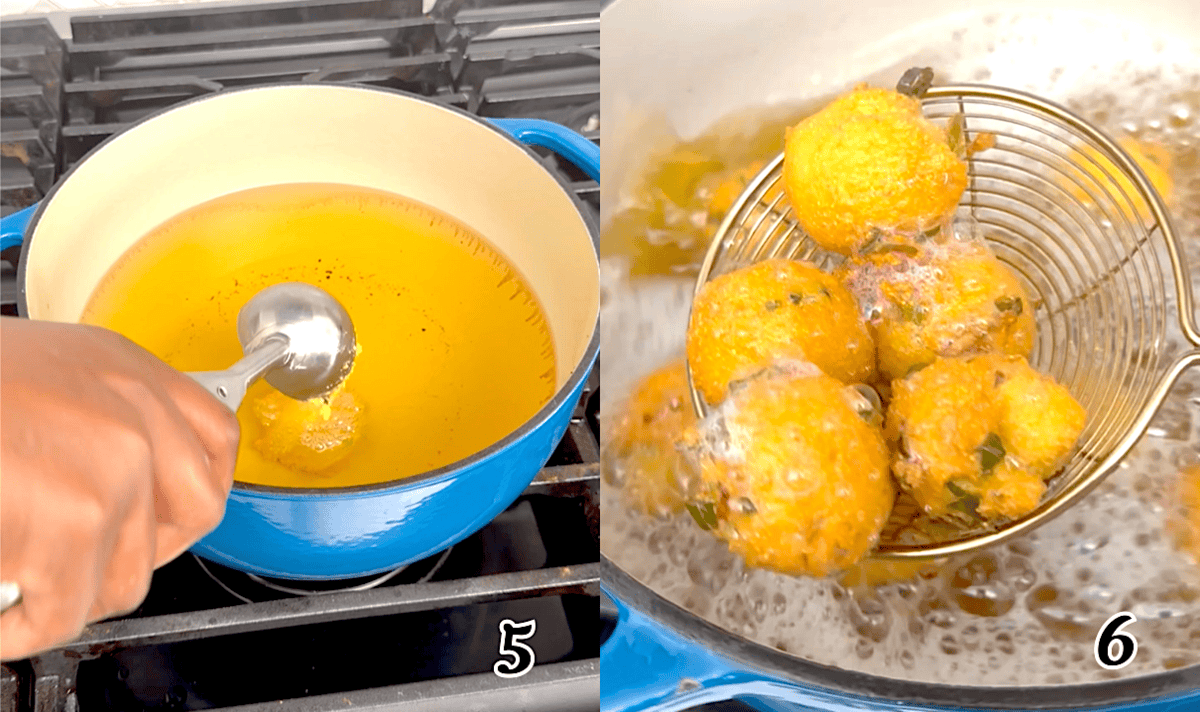 Gently drop scoops of batter into the hot oil and fry until golden and cooked through.