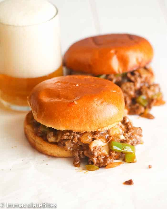 Enjoying a Philly cheese steak sloppy joe with a cold beer for the Super Bowl