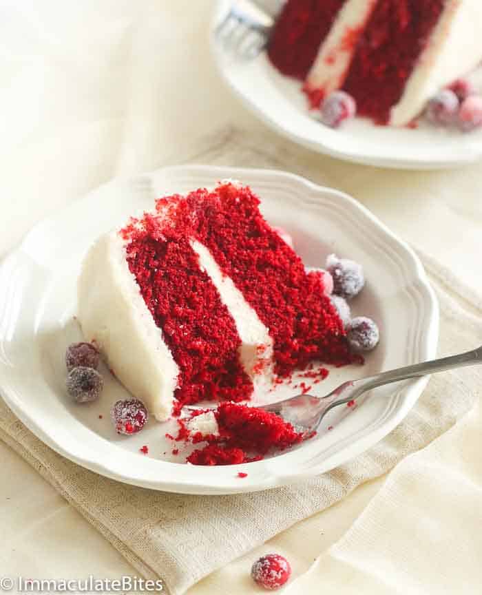 Red velvet cake slice on a white plate