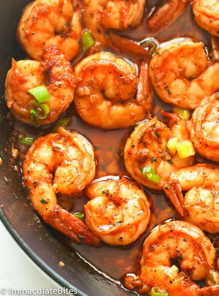 Upclose Shot of New Orleans BBQ Shrimp in a Skillet