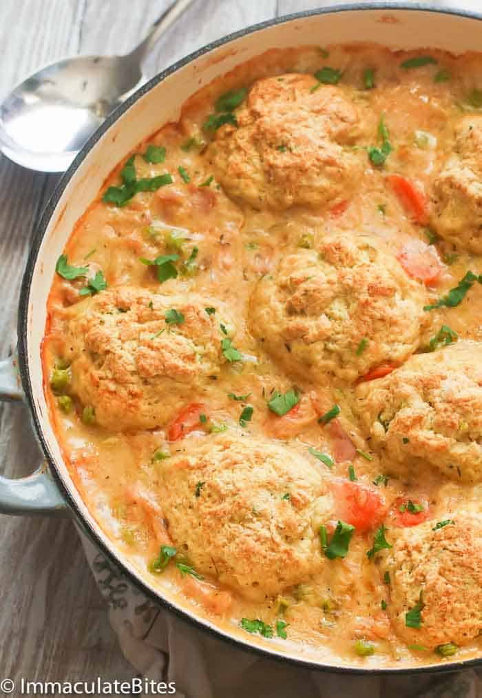 Skillet filled with chicken and dumplings